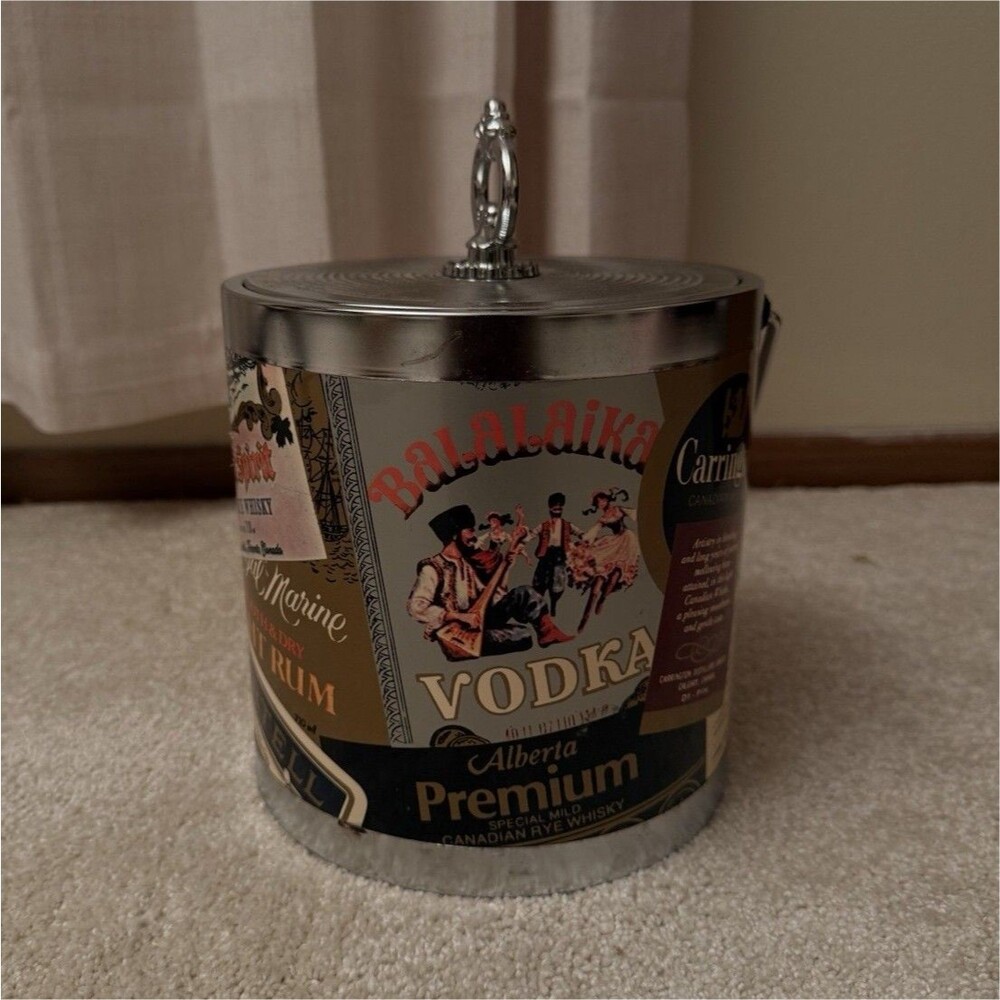 Vintage Metal Ice Bucket w/ Lid & Handle, Silver Liquor Labels, 6in